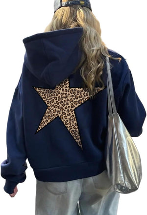 heyheyshine Sudaderas con Capucha con Gráfico de Estrella Oversized Y2k con Estampado de Leopardo Sudadera con Capucha Cheetah Hoodie Streetwear Tops Pullover Unisex