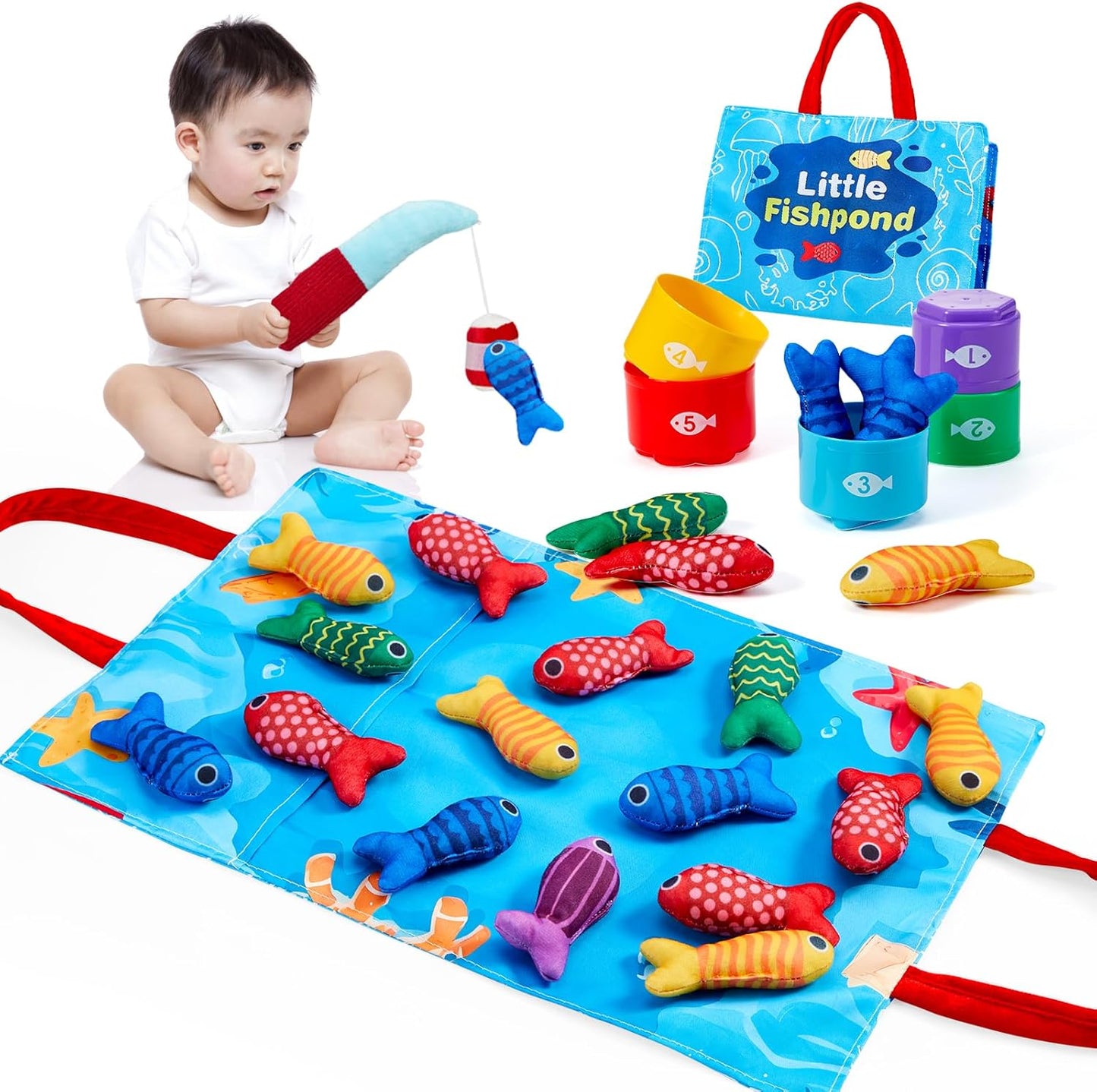 Montessori Educational Toy, 22-Piece Cloth Fishing Game Set + Stacking Cups, For 3 Years Old, Unisex, Multi-Functional Shape Matching & Fine Motor Skills Training, Ideal for Early Development