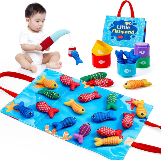Montessori Educational Toy, 22-Piece Cloth Fishing Game Set + Stacking Cups, For 3 Years Old, Unisex, Multi-Functional Shape Matching & Fine Motor Skills Training, Ideal for Early Development