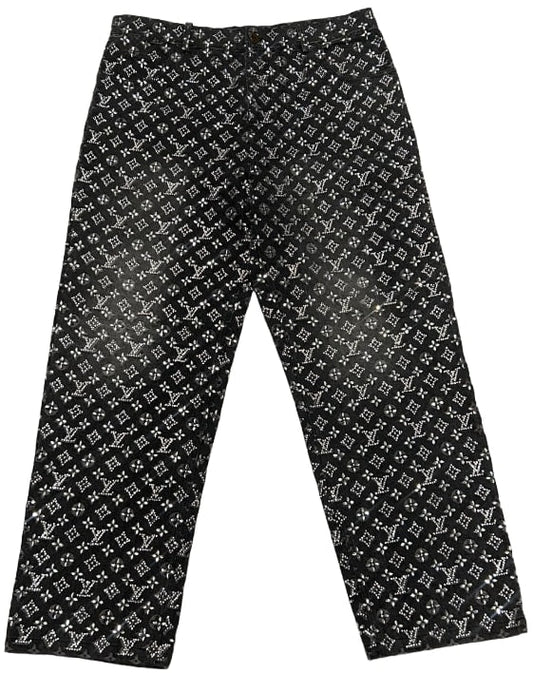 LOUIS VUITTON GREY RHINESTONE EMBELLISHED MONOGRAM RAW EDGE DENIM JEANS RUNWAY