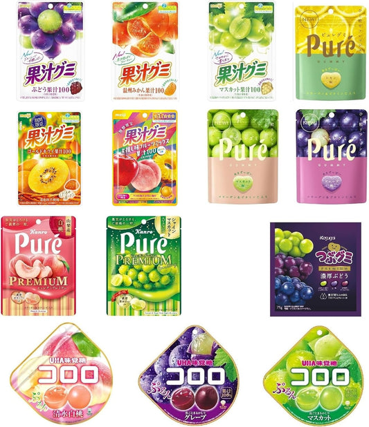 12 Different Fruit Gummy Food Comparison Set | Popular Brand Assortment, Meiji, Kanro, Kasugai, UHA Flavor, Fruit Juice, Puregummy, Crushed, Coloro