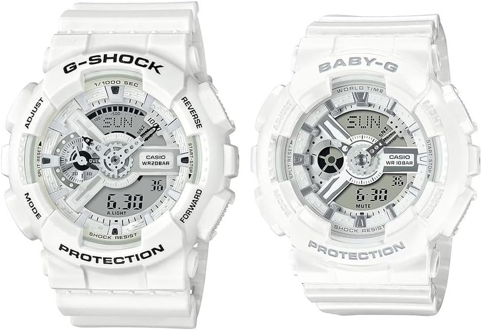CASIO GA-110MW-7ABA-110X-7A3 Waterproof Pair Watch, G-SHOCK Baby-G, Men's, Women's, Ana-Digi, White, Wristwatch