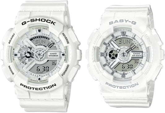 CASIO GA-110MW-7ABA-110X-7A3 Waterproof Pair Watch, G-SHOCK Baby-G, Men's, Women's, Ana-Digi, White, Wristwatch