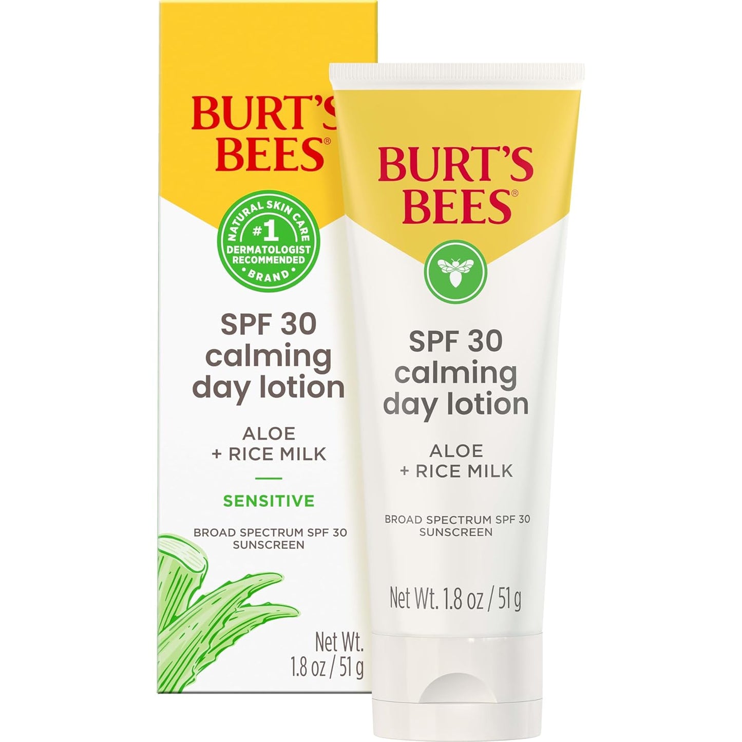 Burt's Bees Loción facial calmante SPF 30 con aloe y leche de arroz para pieles sensibles, la loción facial de protección solar alivia el enrojecimiento y la irritación, cuidado de la piel de origen natural del 99.4 %, tubo de 1.8 onzas