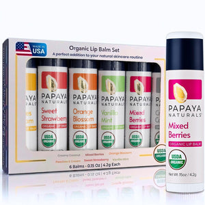 Papaya Naturals USDA - Juego de bálsamo labial orgánico, paquete de 6 – cera de abeja orgánica, manteca de cacao y vitamina E bálsamo labial para labios secos – Cuidado de labios natural hidratante