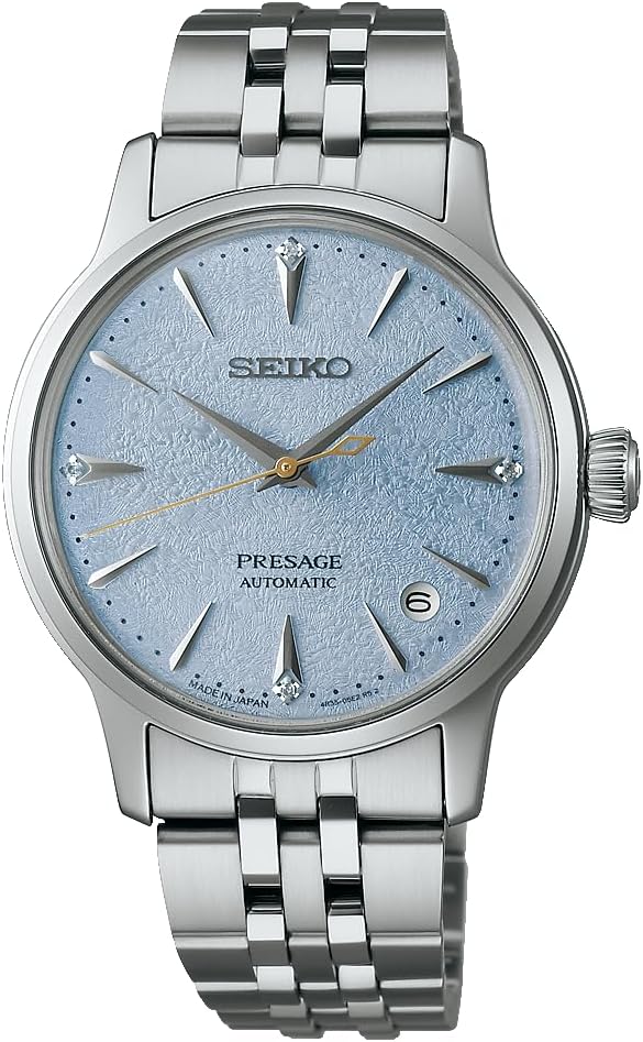 Seiko Presage Cocktail Time 1.3 inches (34 mm) Mechanical Automatic Winding (Hand Winding Included) for Women, light blue (frozen skydiving), Bracelet Type