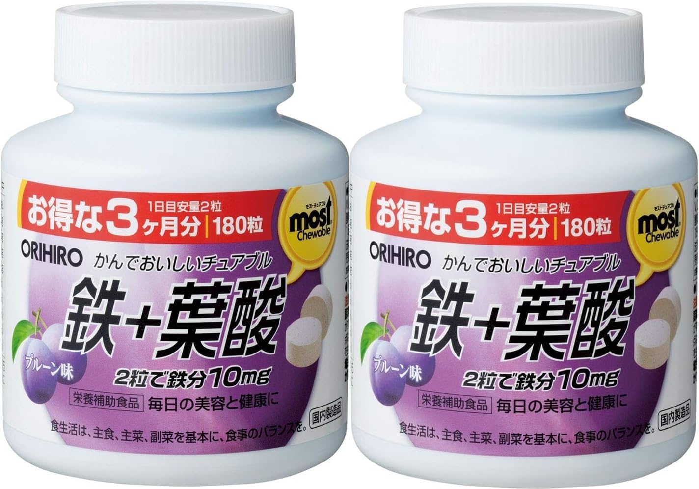 【セット品】 かんでおいしい チュアブル 鉄+葉酸 180粒×2個 プルーン味 鉄分 + SCSHOPPING コースター×1枚
