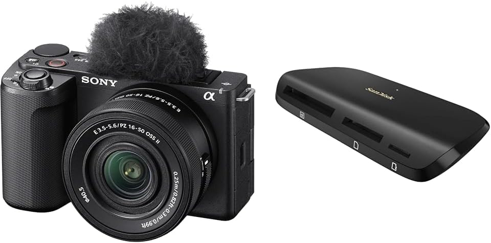Sony Vlog Camera with Interchangeable Lens VLOGCAM APS-C Mirrorless SLR Camera ZV-E10M2 Power Zoom Lens Kit (Included Lens: SELP16502) with Windscreen Black ZV-E10M2K BQ + SanDisk Imageate Pro USB-C