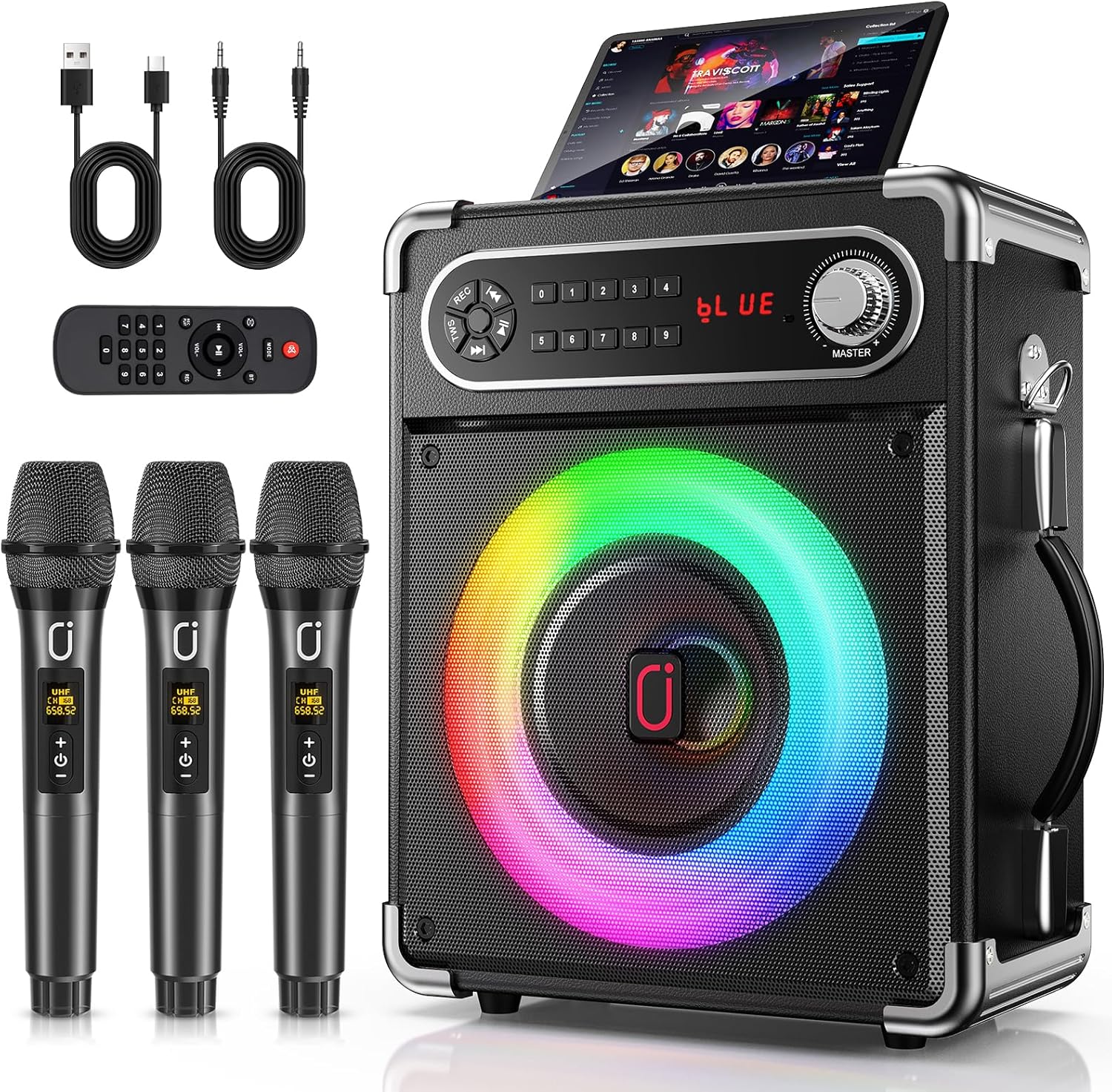 JYX Speaker Set Amplifier, 3 Wireless Microphones, Bluetooth 5.0 Compatible, High and Low Sound Enhancement Function, Rechargeable, Portable, Suitable for Home Parties, Karaoke, Street Speeches