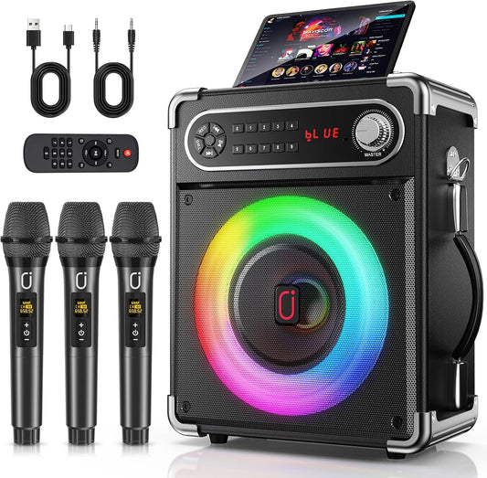JYX Speaker Set Amplifier, 3 Wireless Microphones, Bluetooth 5.0 Compatible, High and Low Sound Enhancement Function, Rechargeable, Portable, Suitable for Home Parties, Karaoke, Street Speeches
