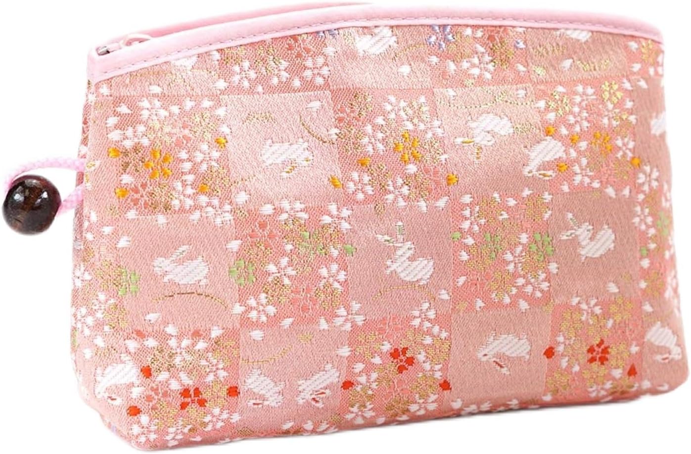 Kyoto Geimidou Nishijin Textile High-grade Gold Brocade Cosmetic Pouch, Japanese Pattern, Made in Japan, rabbit pink 02