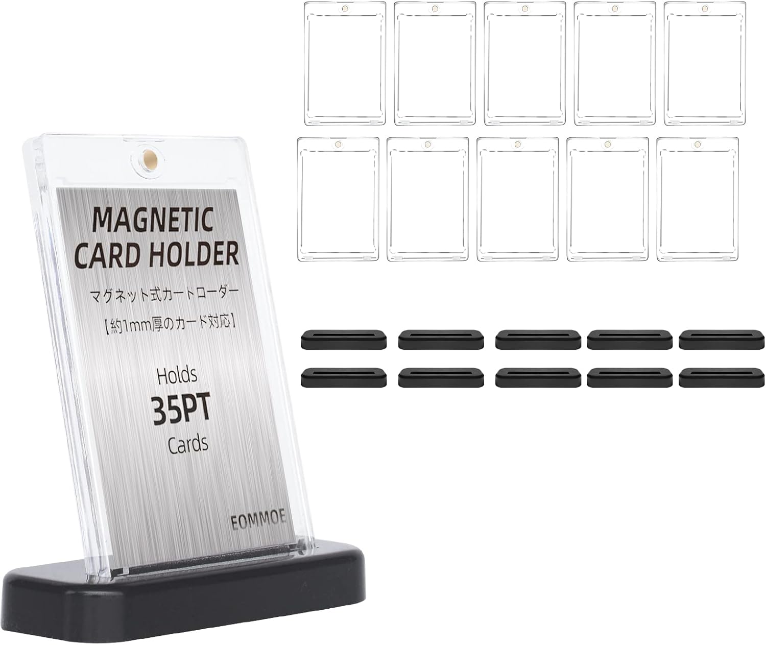 Magnetic Loader, Set of 10 Loaders + 10 Stands, Inner Sleeve Included, Card Loader, 35 pt Stand, Pokemon Cards, Trading Cards, UV Protection, Base Included, Black, Display Stand, Card Case