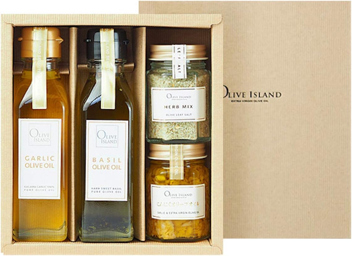 Garlic Basil 4.2 fl oz (120 ml) 2 Bottles & Olive Oil 2.1 oz (60 g) & Olive Leaf Salt (Herb Mix) 2.1 oz (60 g) Gift Set/Box Olive Oil Condiment Gift Set Olive Island