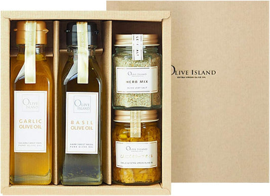 Garlic Basil 4.2 fl oz (120 ml) 2 Bottles & Olive Oil 2.1 oz (60 g) & Olive Leaf Salt (Herb Mix) 2.1 oz (60 g) Gift Set/Box Olive Oil Condiment Gift Set Olive Island