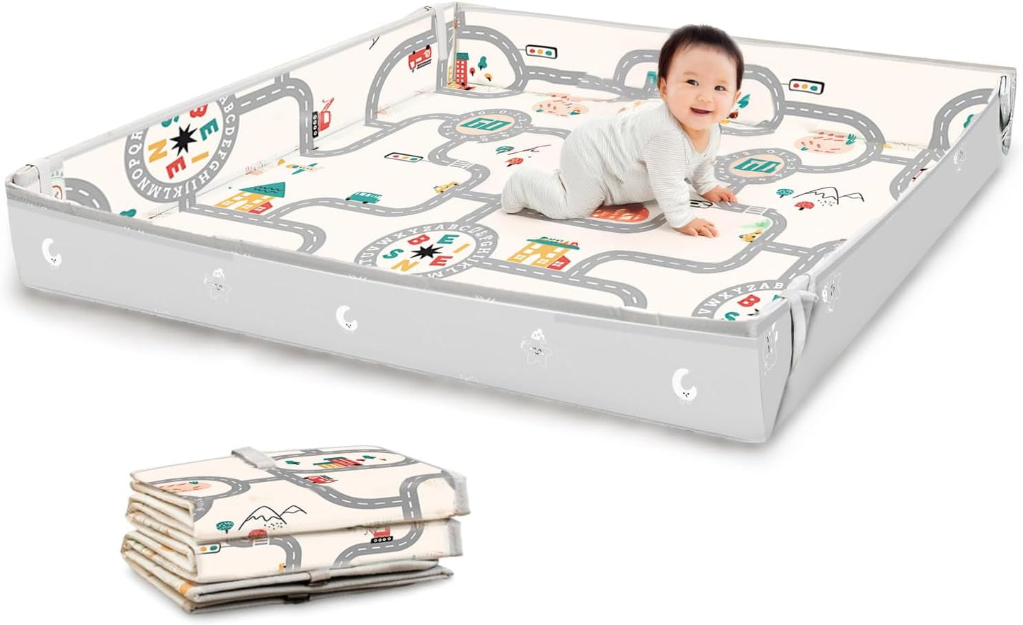 enne. Folding Play Mat, With Side Guards, 70.9 x 59.1 inches (180 x 150 cm), Thickness 0.4 inches (1 cm), Waterproof, Stain Resistant, Anti-Slip, Shock Absorption, Floor Heating Compatible, Color