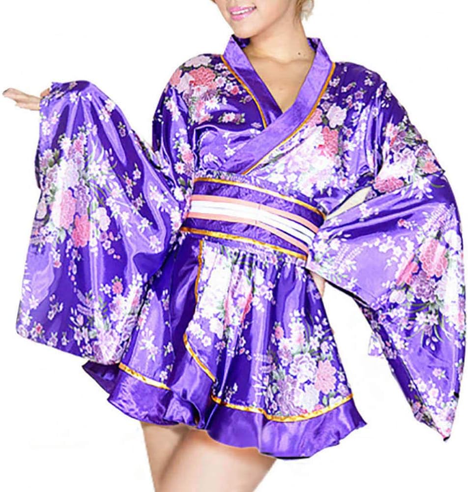Women's Kimono Short Yukata Sexy Kimono Mini Dress Floral Solid Color See Through V-Neck Bathrobe Nightgown
