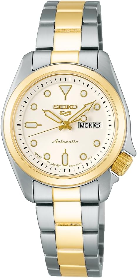 Seiko 5 Sports SKX Women's 1.1 inches (28 mm) Size, Dial: White/Case Band: Silver & Yellow Gold, Bracelet Type