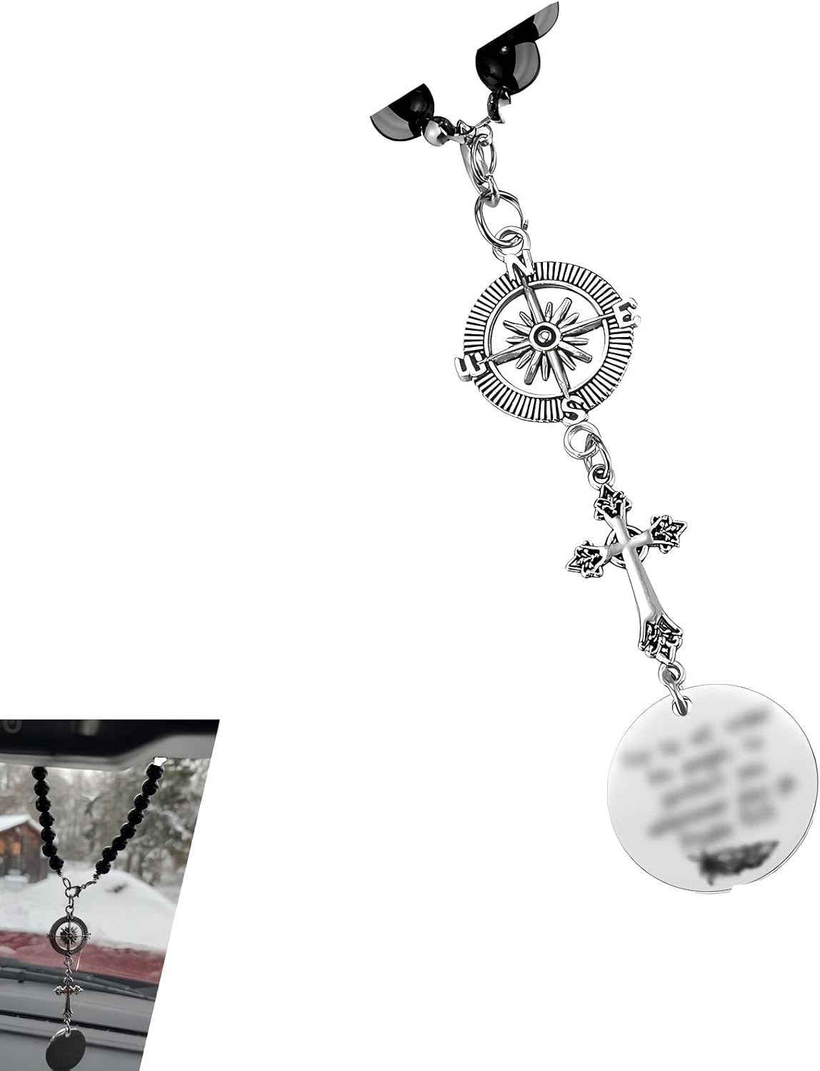Cross Car Charm, Stainless Steel Rear View Mirror Hanging Ornament with Psalm 91:11, Christian Religious Pendant Decor, Universal for Most Cars SUVs Trucks (Silver)