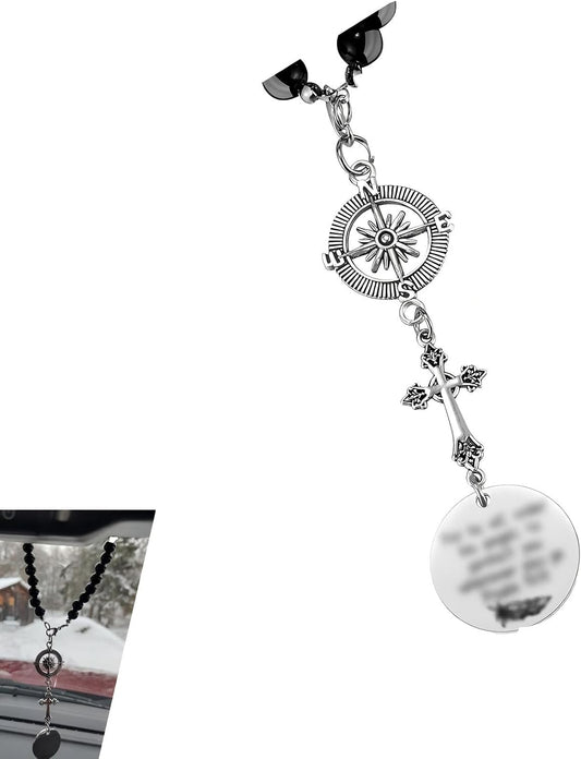 Cross Car Charm, Stainless Steel Rear View Mirror Hanging Ornament with Psalm 91:11, Christian Religious Pendant Decor, Universal for Most Cars SUVs Trucks (Silver)