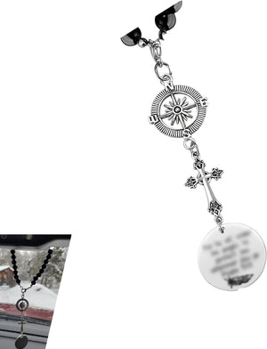 Cross Car Charm, Stainless Steel Rear View Mirror Hanging Ornament with Psalm 91:11, Christian Religious Pendant Decor, Universal for Most Cars SUVs Trucks (Silver)