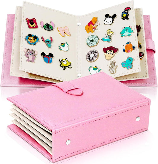 Álbum de pines esmaltado portátil, libro de intercambio de pines, piel sintética, color rosa | Moderno, capacidad de 42 pines, parte trasera de goma