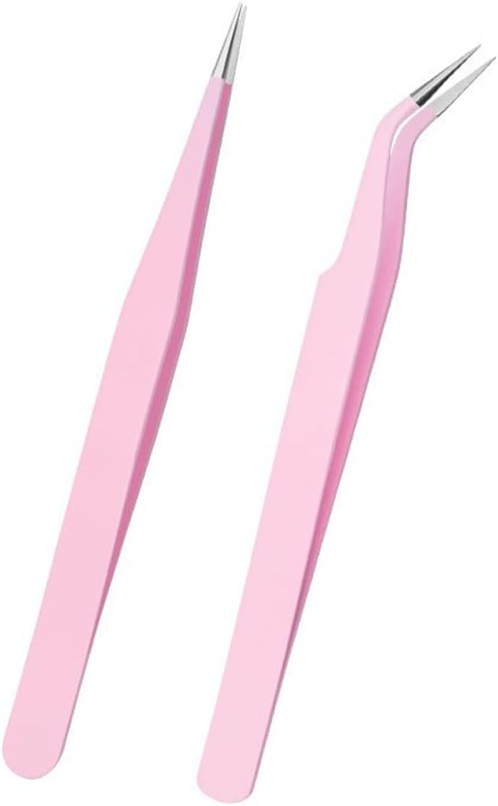 Samcos Eyelash Tweezers Pink Straight Stainless Steel Fine Work False Eyelash Tweezers Set of 2