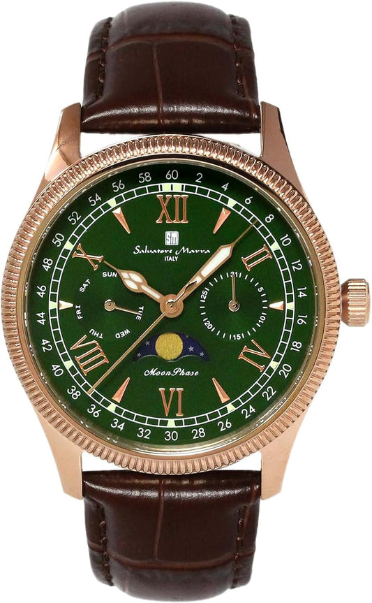 Salvatore Marra Men's Moonphase Multi-Calendar 5 ATM Waterproof Business Formal Leather Belt Exclusive Model Pink Gold Green SM24110-PGGR
