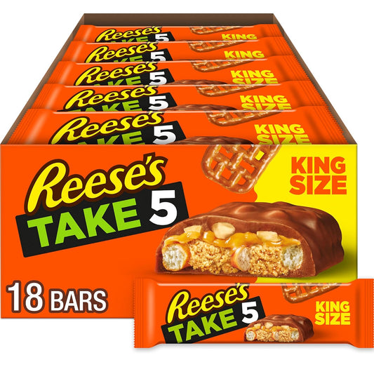 REESE'S Toma 5 pretzel, maní y chocolate tamaño King, paquetes de dulces, 2.25 onzas (18 unidades)