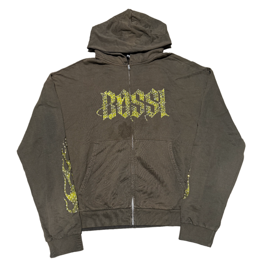BOSSI 'YELLOW FLAMES' VINTAGE GREY ZIP UP HOODIE
