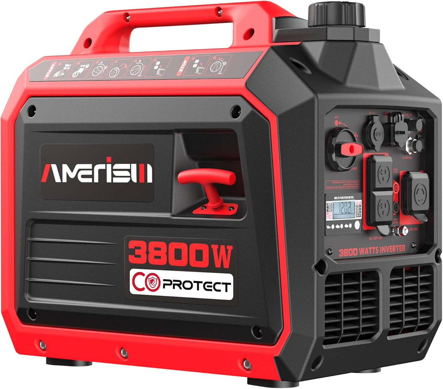 3800W Gas Powered Portable Inverter Generator with CO Sensor Gas Generator ECO Mode Digital Display Parallel Support EPA Compliant Long Working Time Camping Tailgate Home Quiet Lightweight