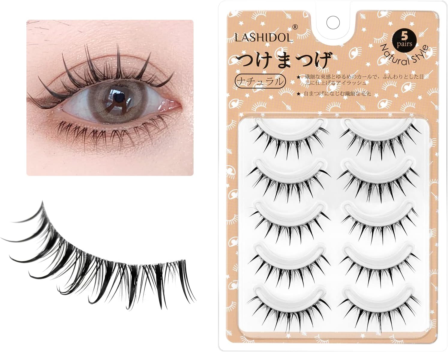 LASHIDOL Natural False Eyelashes, Corner of Eyes, Thin Transparent Axis, Handmade, Natural (manga lash no.03)