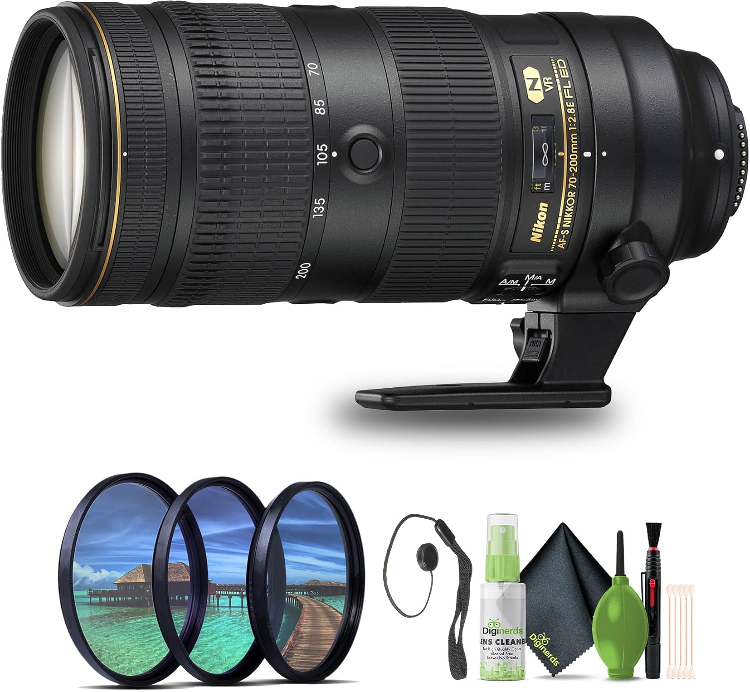 Nikon - AF-S NIKKOR 70-200mm f/2.8E FL ED VR 望遠ズームレンズ デジタル一眼レフカメラ用 (20063) + フィルターキット + キャップキーパー + クリーニングキット