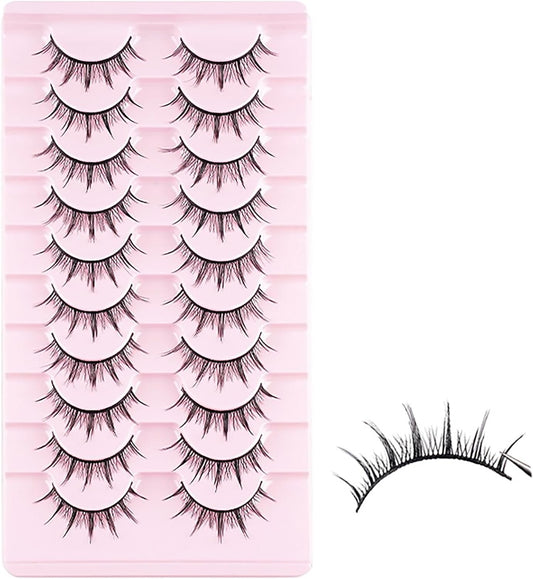 Set of 10 Pairs False Eyelashes, Small Devil Style, Bunch, Natural, Black Natural Axis, Soft Core, Ultra Lightweight, Soft, Handmade, Reusable, Thin Makeup, Daily Makeup, Popular, For
