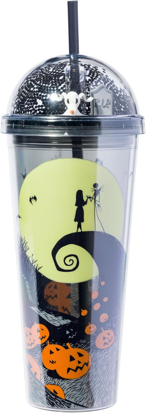 Silver Buffalo Disney Tim Burton Pesadilla antes de Navidad Escena de la Luna con Jack Skellington, Sally y Zero Taza de viaje con tapa brillante de cúpula, 710 ml