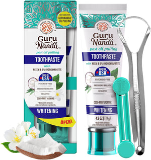 GuruNanda Pasta de dientes con hidroxiapatita, libre de SLS y fluoruro, pasta de dientes blanqueadora con raspador de lengua y exprimidor - Refresca la respiración, combate la placa - CocoMint natural