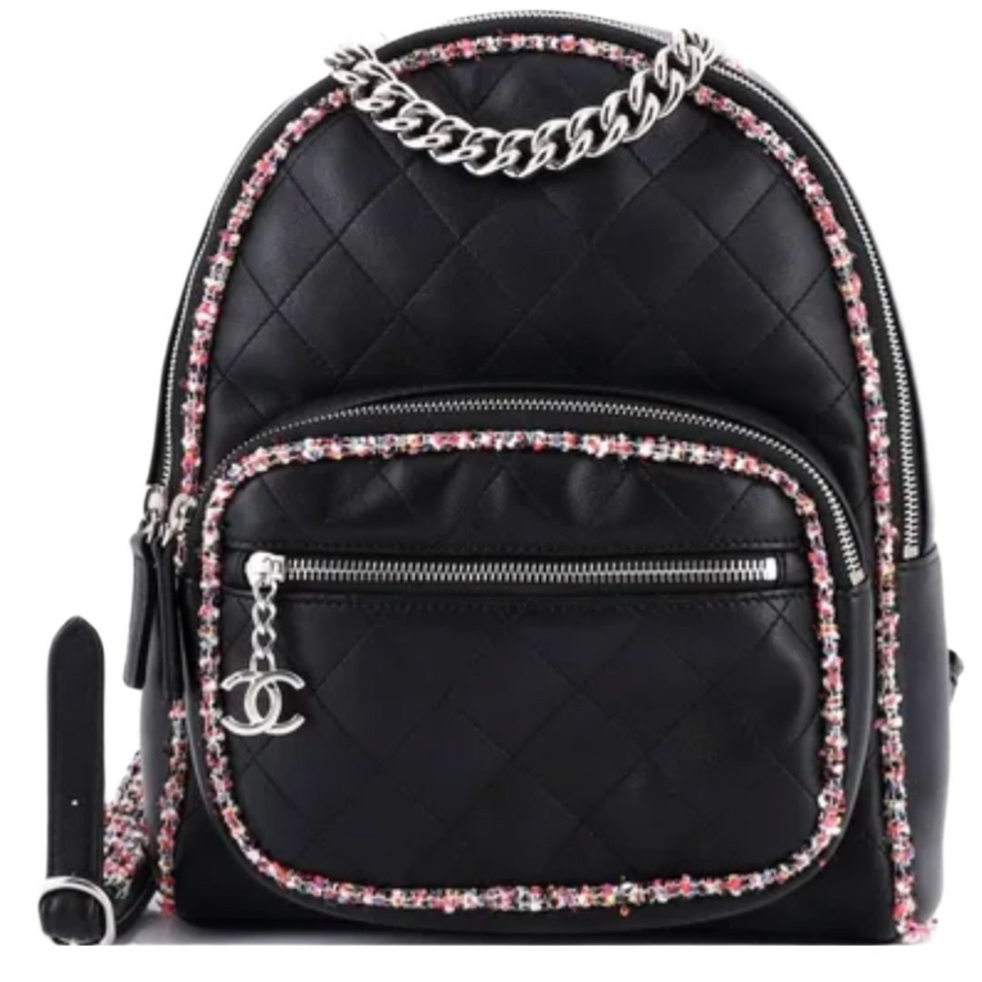 CHANEL 'ELEGANT TRIM' QUILTED LEATHER TWEED NAVY BACKPACK