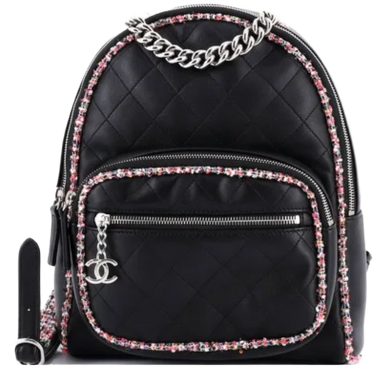 CHANEL 'ELEGANT TRIM' QUILTED LEATHER TWEED NAVY BACKPACK