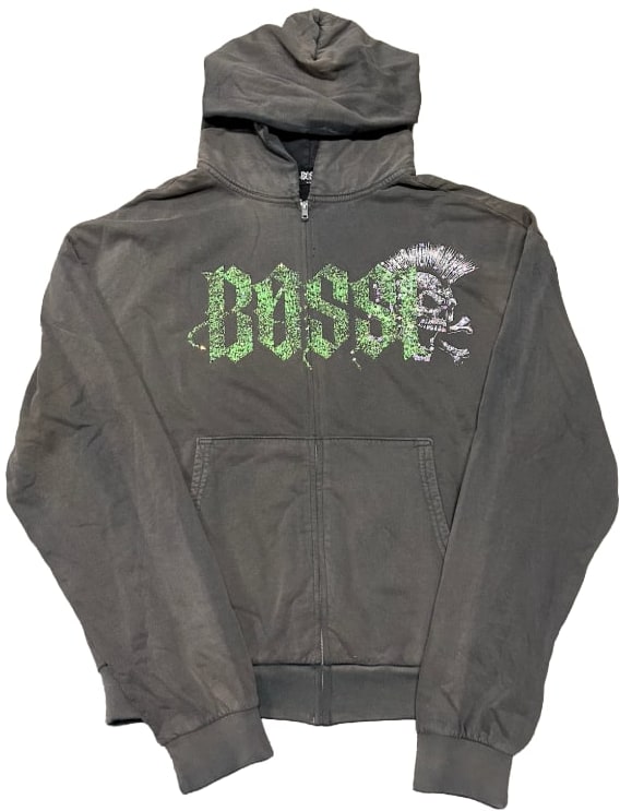 BOSSI 'GREEN/WHITE MOHAWK SKULL' RHINESTONE ZIP-UP HOODIE