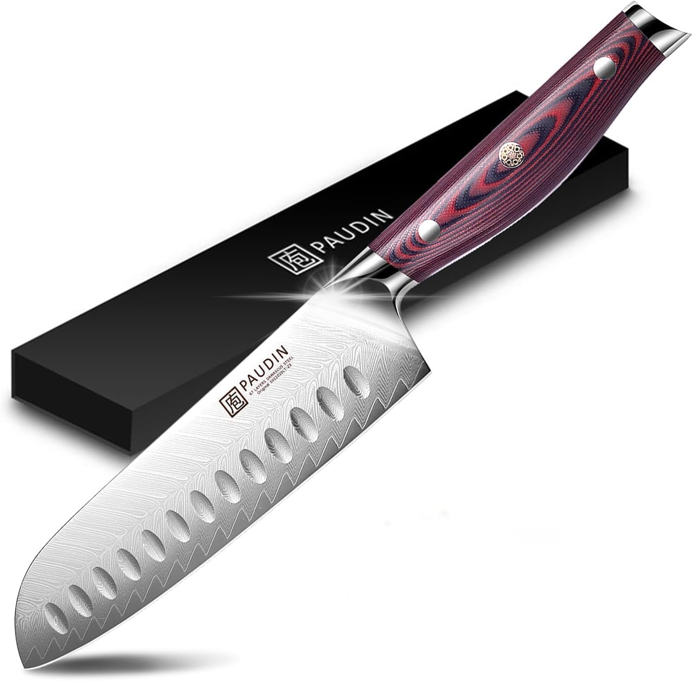 PAUDIN Damascus Santoku Knife, 7.1 inches (180 mm), VG10 Stainless Steel, All-Purpose Knife, Sharp Sharp, Double-Edged, Left Handed, Butterfly Kitchen Knife, Suitable for a Wide Range of Meat, Vegetables, Fruits, Etc