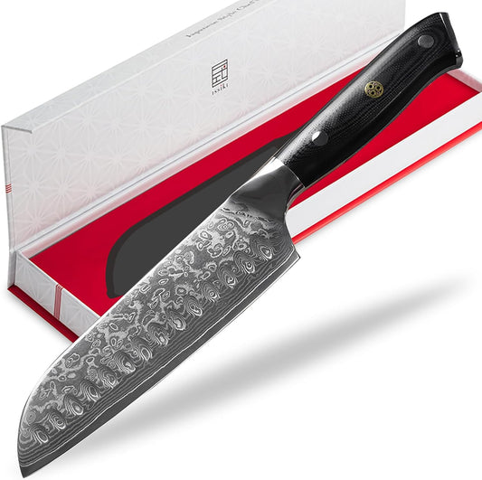 Damascus Santoku Knife, VG10, 67 Layers, 6.7 inches (170 mm), Stainless Steel, Dishwasher Safe, Gift, Double-edged, Wood Handle, Kitchen Tool, Blade Length