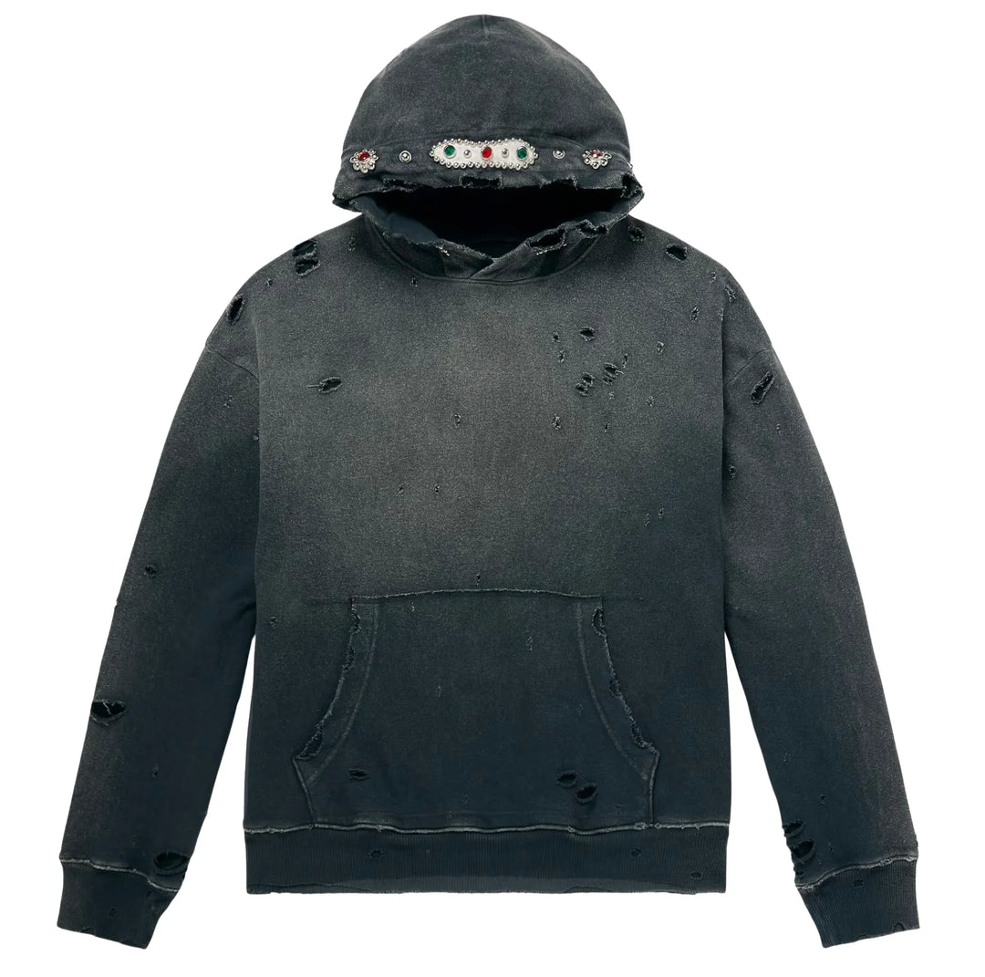 KAPITAL THRILLER DAMAGED 'WASHED BLACK' STUDDED HOODIE