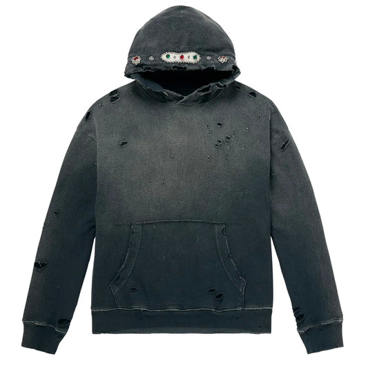 KAPITAL THRILLER DAMAGED 'WASHED BLACK' STUDDED HOODIE