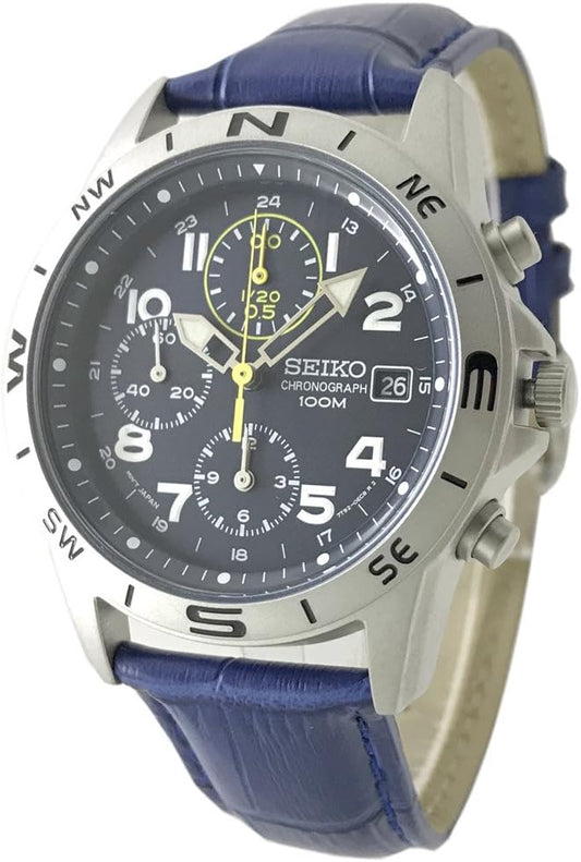 Seiko SND379P-BL Chronograph Watch, Genuine Leather Strap Set, Genuine Seiko Distributed in Japan, Navy, Blue Strap, blue, sports