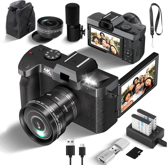 Fsjun Mirrorless SLR Camera 4K Ultra HD 48MP Wide Angle Lens, All-in-One Vlogging Camera with 3'' 180° Flip Screen and Digital Zoom