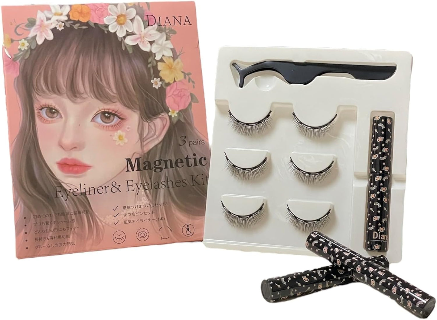 DIANA False Eyelashes Magnetic False Eyelash Kit, Most Popular B Type, 3 Rows, Sweat Resistant, For Professional Dancers, Magnet, Eyelashes, Reusable, Reusable, Reusable, False Eyelashes, Matsueku