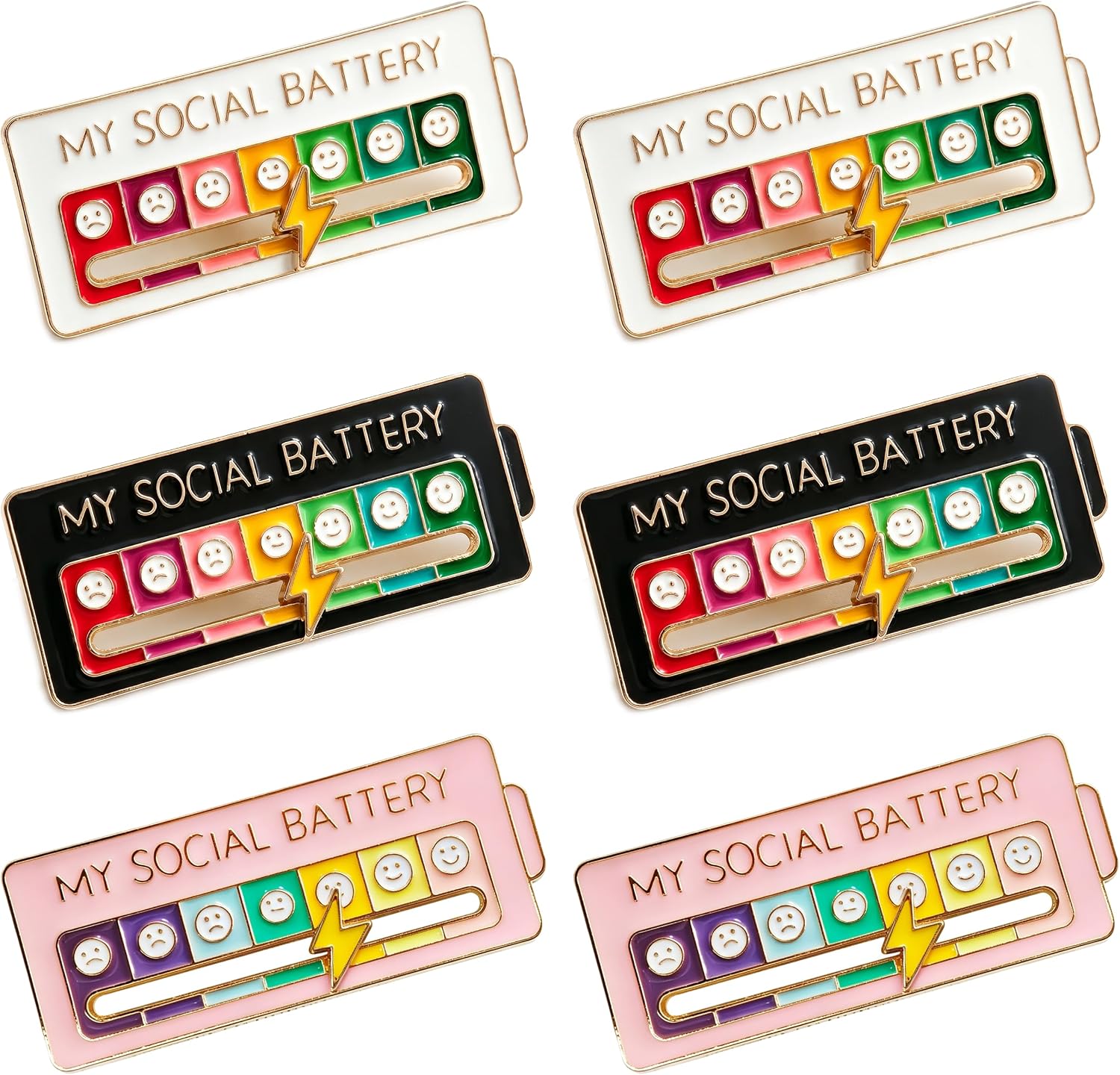6PCS Social Battery Mood Pins Set – Interactive Enamel Slider Brooches (2 Black, 2 White, 2 Pink), 7-Day Emotional Expression Funny Lapel Pins for Backpacks, Jackets, Bags, Hats – Introvert Mood Accessories Gift