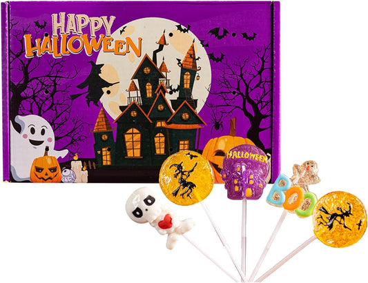 Halloween Candy Candy Candy Set of 24, 4 Types (Skulls + HALLOWEEN + Ghost + Witch) Hard Candy Gift Assorted, Halloween Exclusive Individual Packaging Candy with Sticks, Large Capacity, Commercial Use