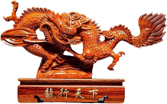 SUNCN 伝統工芸品 商売繁盛 オフィスオー 風水黄金龍 少量生産品 龍の置物 開運祈願 風水 昇龍 金運祈願花梨木 木彫り龍30X8X26cm