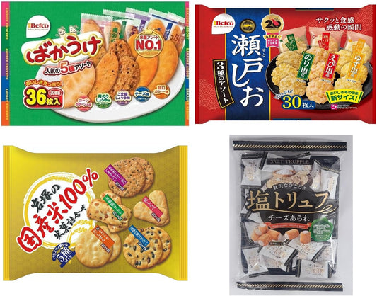 Okashina Nakama-tachi Assorted Sweets Large Bag Rice Crackers 4-Type Set (Bakauke, Seto no Shioage, Iwatsuka's 100% Domestic Rice, Salt Truffle-Style Cheese Arare) Total 4 Bags
