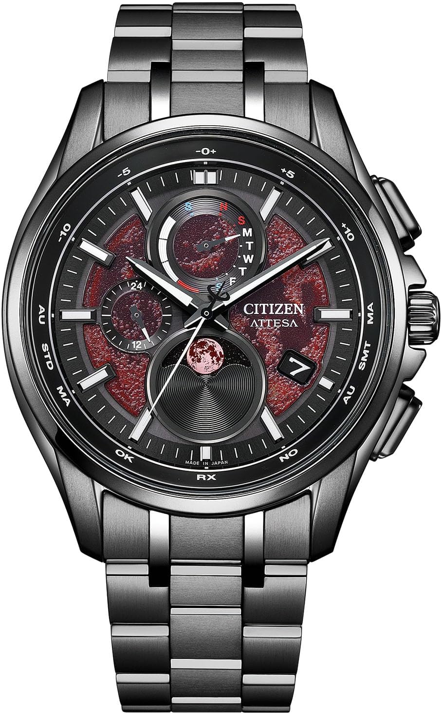 CITIZEN ATTESA Wristwatch, Radio Clock, Waterproof, Moon Phase, BY1005-73Z Limited, Shades of Red, Eco-Powered Eco-Drive, Lightweight, Titanium, Age Display, Sapphire Glass, Men's, Analog, Business, Second Hand, Date, Red, Black, Radio-controlled Solar